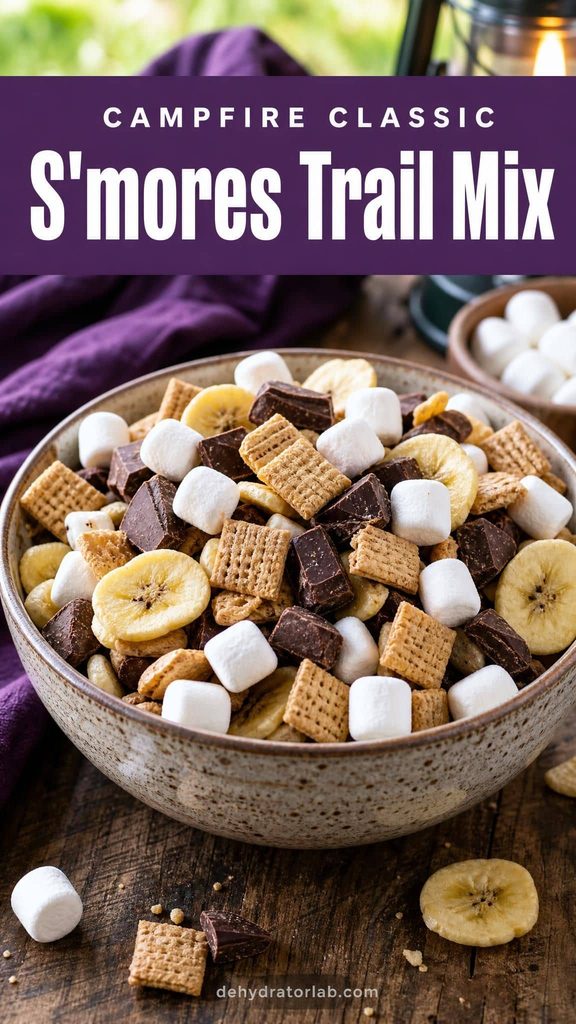 Bowl of s'mores trail mix with marshmallows, chocolate chunks, and graham cereal