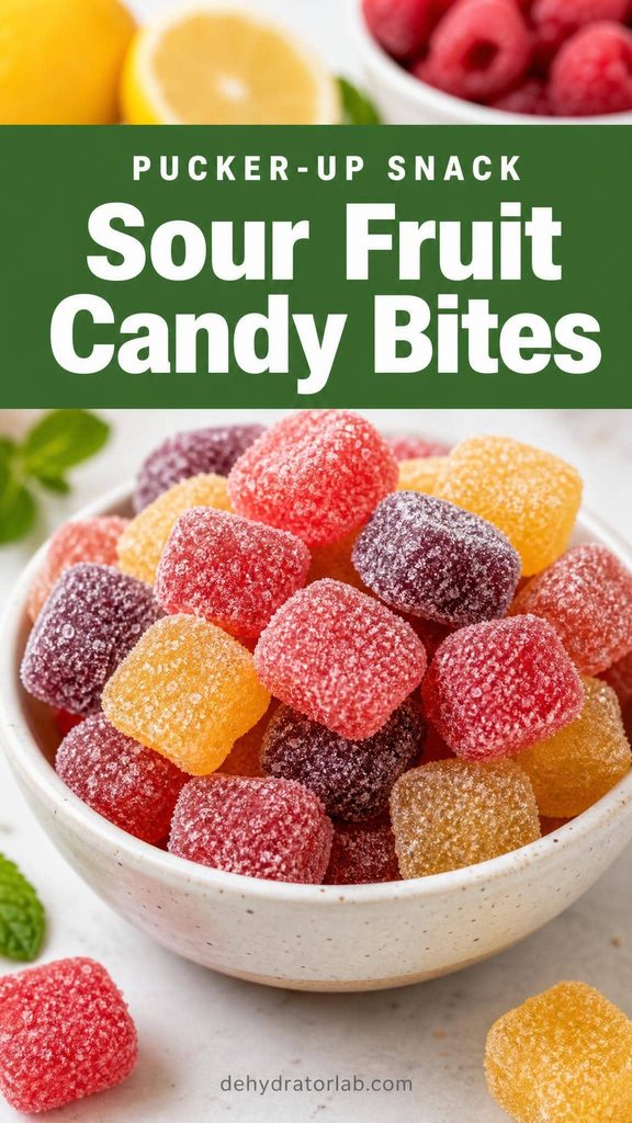 Sour sugar-coated dehydrated fruit candy bites in a small bowl