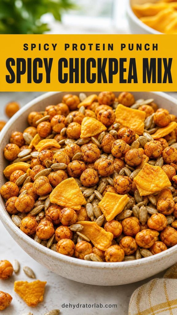 A bowl of trail mix with roasted chickpeas, sunflower seeds, and dried mango