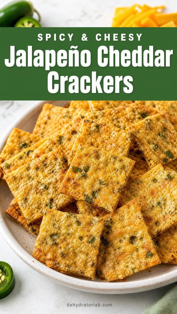 Homemade spicy jalapeño cheddar dehydrated crackers on a plate