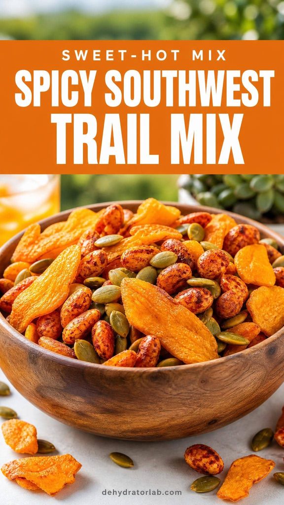A bowl of trail mix with dried mango, chili-lime peanuts, and pepitas