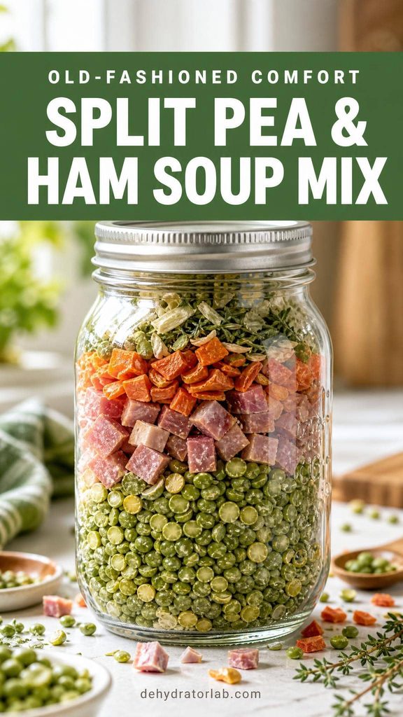 A mason jar layered with dehydrated split pea and ham soup mix ingredients