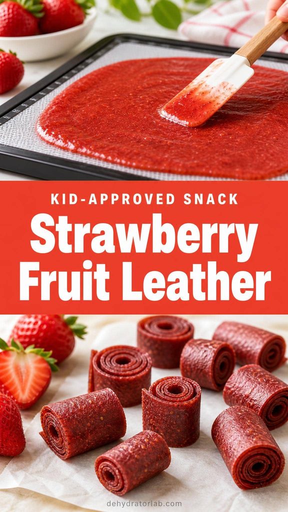 Rolled strawberry fruit leather pieces next to fresh strawberries