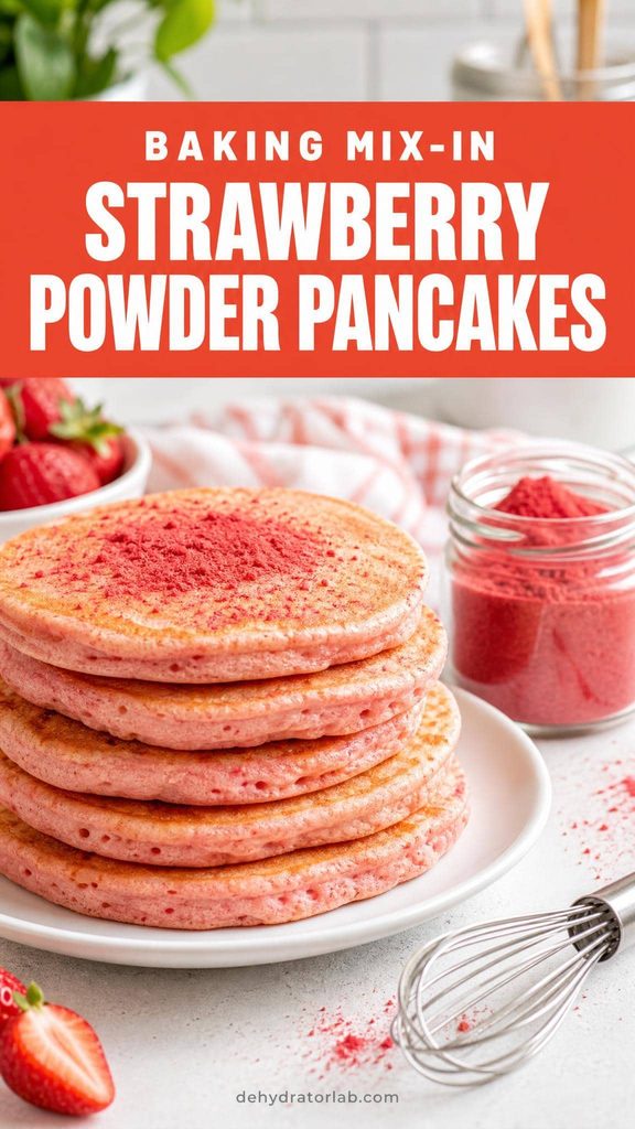 A stack of naturally pink strawberry powder pancakes with a small jar of strawberry powder beside it