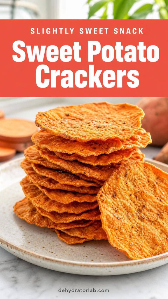 Homemade sweet potato dehydrated crackers stacked on a plate