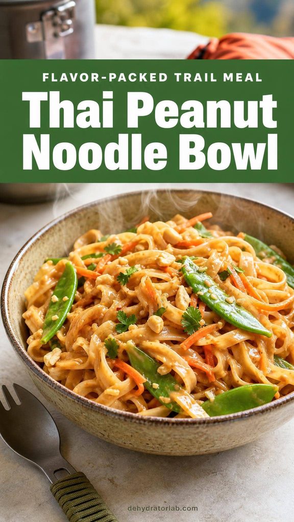 Dehydrated Thai peanut noodle backpacking meal in a camp bowl