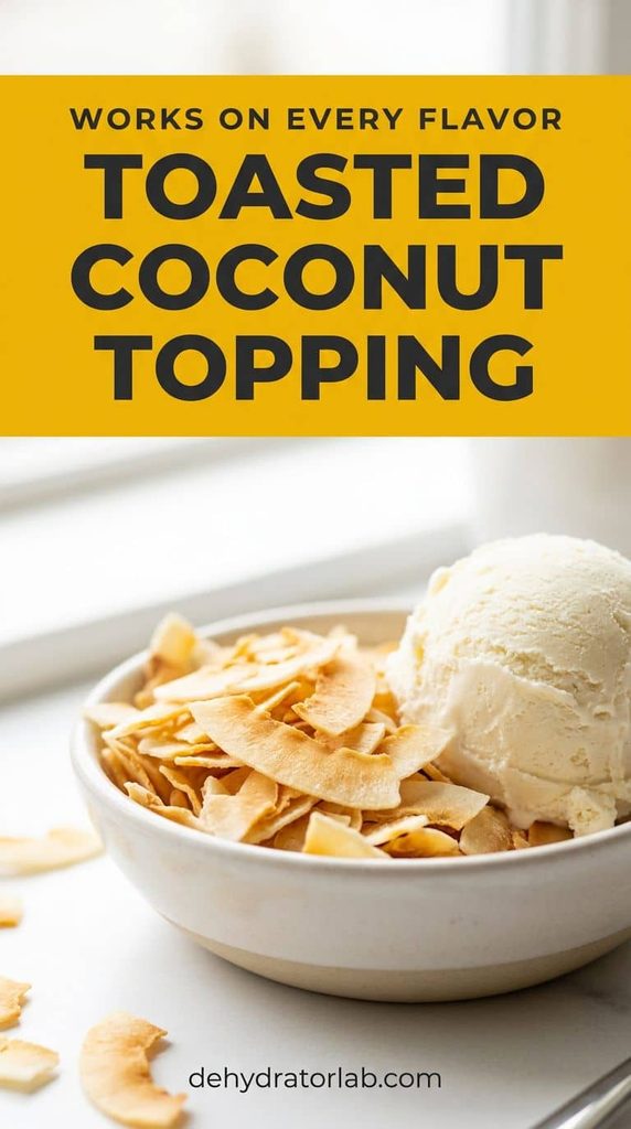 A small bowl of toasted dried coconut flakes next to a scoop of ice cream