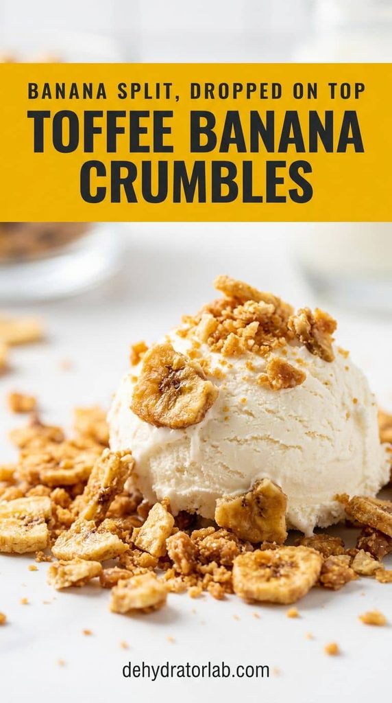 Crushed toffee-coated banana chip crumbles over ice cream