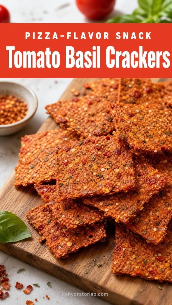 Homemade tomato basil dehydrated crackers on a wooden board