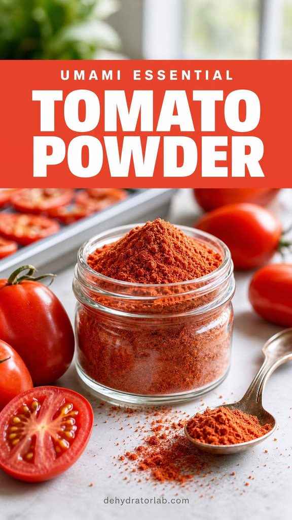 A small jar of deep red tomato powder next to fresh Roma tomatoes