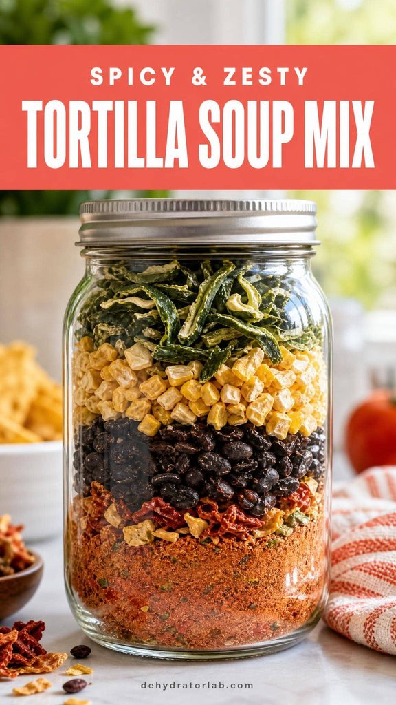 A mason jar layered with dehydrated tortilla soup mix ingredients including corn, beans, and peppers