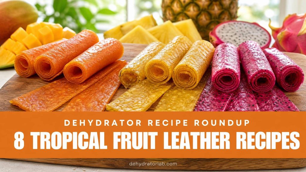 Rolled strips of tropical fruit leather in mango, pineapple, and dragon fruit colors arranged on a wood board