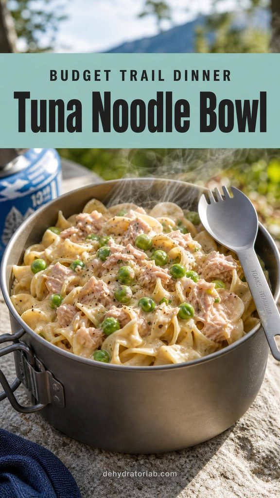 Dehydrated tuna noodle bowl backpacking meal in a camp pot