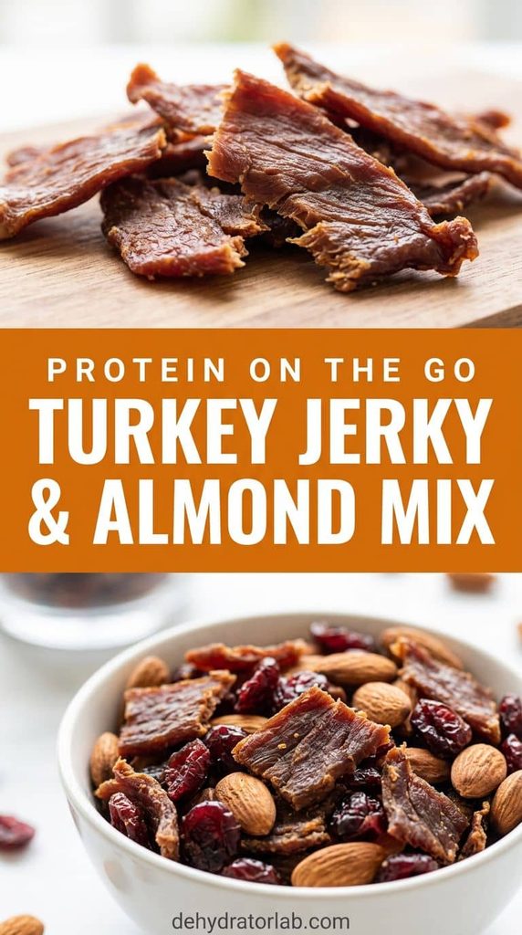 A bowl of trail mix with turkey jerky pieces, almonds, and dried cranberries