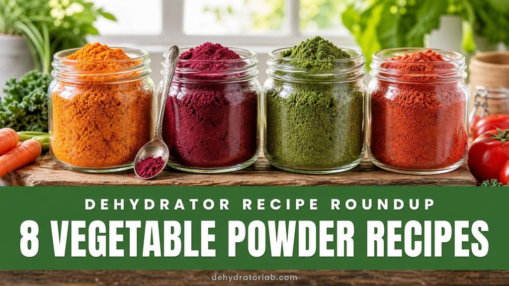 mall jars of orange carrot, magenta beet, and green kale powder lined up on a wood shelf