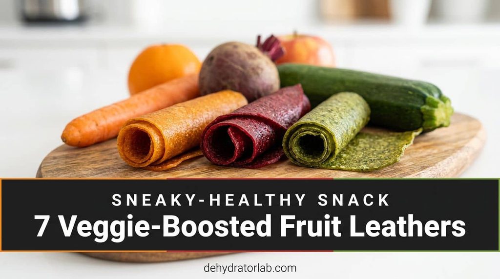 A landscape roundup image of colorful rolled fruit leather strips made with hidden vegetables