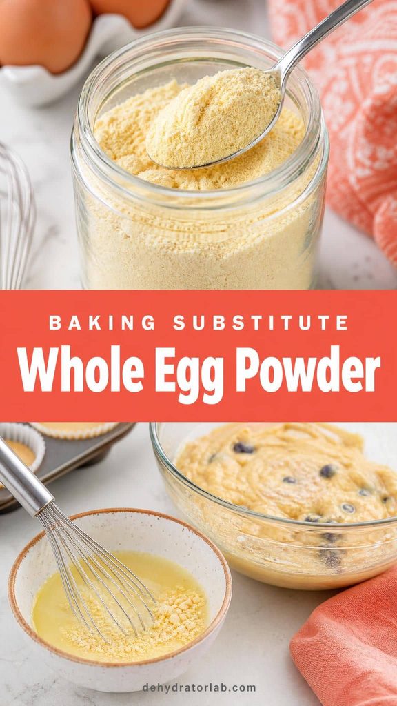 Fine whole egg powder in a small jar next to a mixing bowl of muffin batter