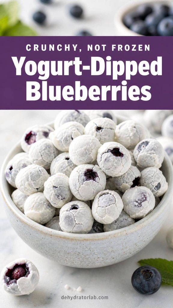 Yogurt-dipped dehydrated blueberry bites in a small bowl