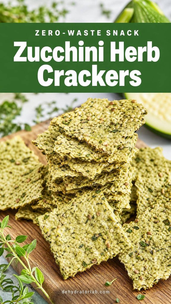 Homemade zucchini herb dehydrated crackers on a wooden board