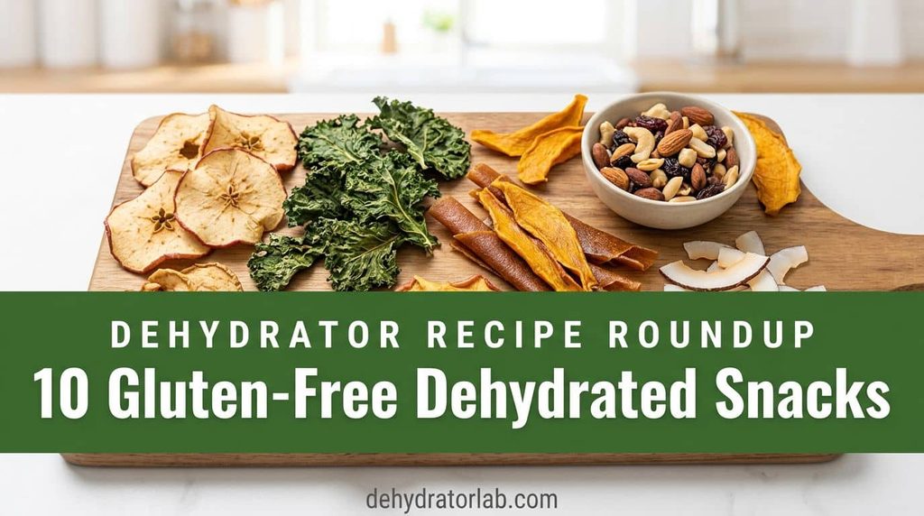 An assortment of gluten-free dehydrated snacks including fruit chips, veggie chips, and jerky on a wooden board