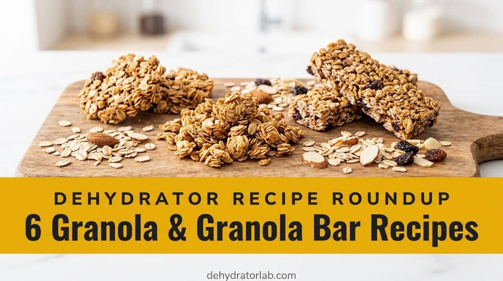 An assortment of homemade granola and granola bars cooling on dehydrator trays