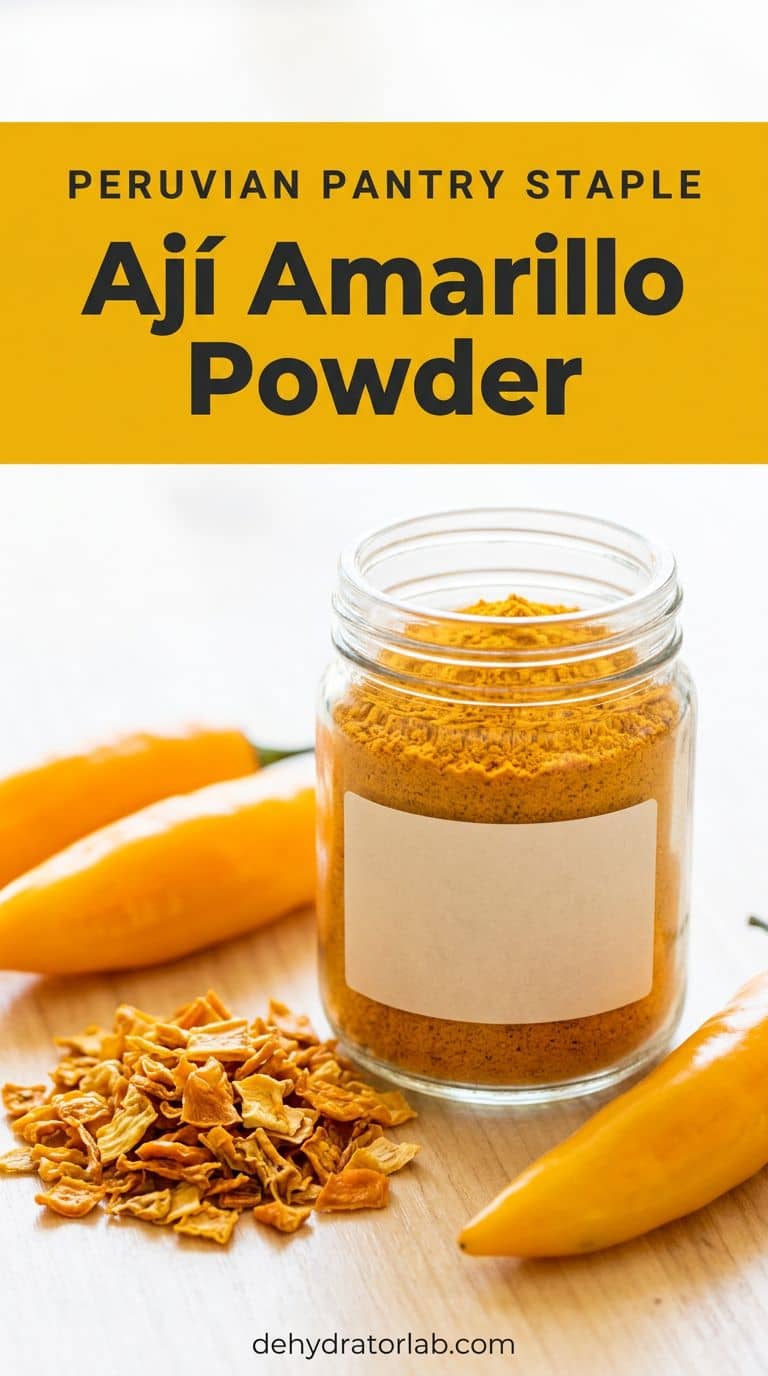 Small glass jar of golden-orange pepper powder next to dried and fresh yellow peppers