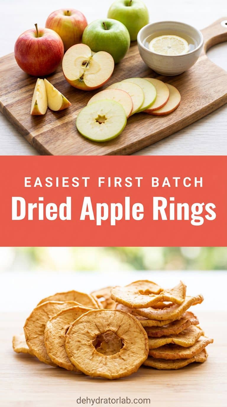 Chewy golden dried apple rings fanned out next to fresh red apples on a wooden board