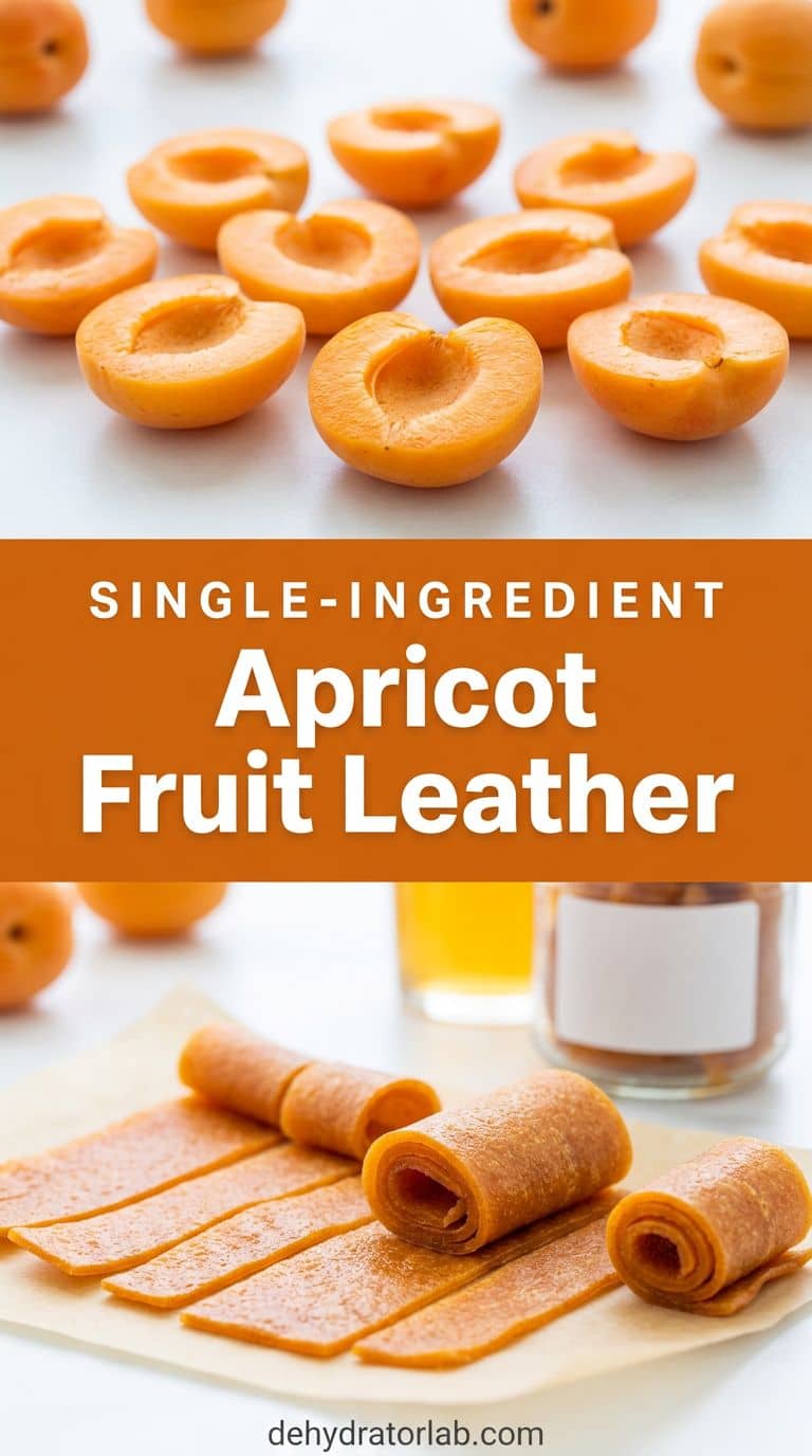 Orange apricot fruit leather strips beside fresh halved apricots