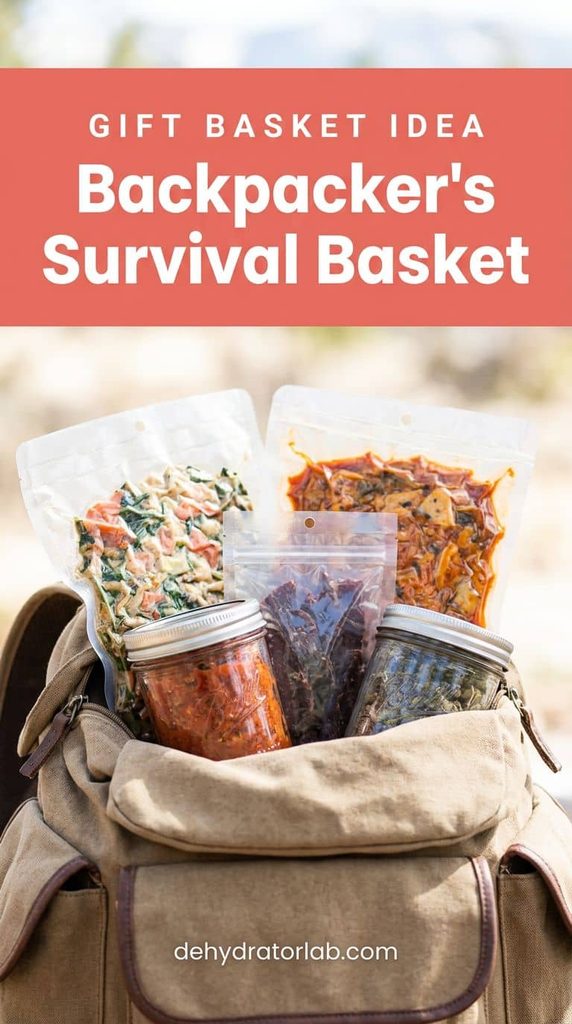 Vacuum-sealed dehydrated backpacking meal pouches and a jerky bag arranged as a gift set