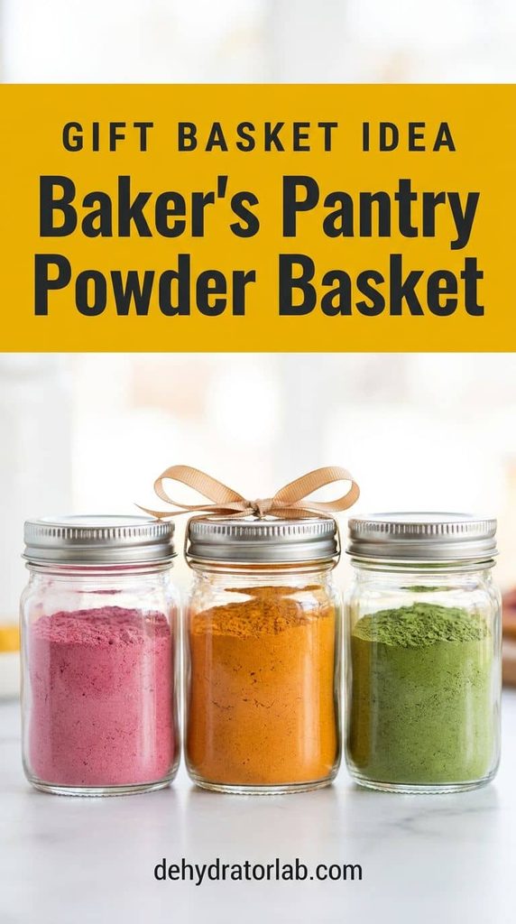 Three small jars of colorful fruit and vegetable powder arranged as a baking gift set