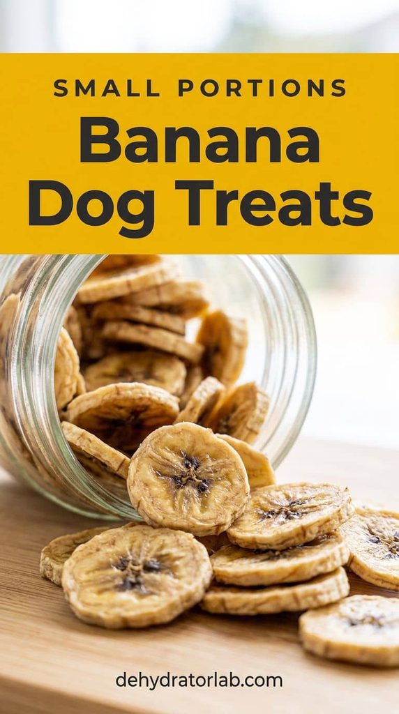 Chewy dehydrated banana dog treat rounds in a glass jar