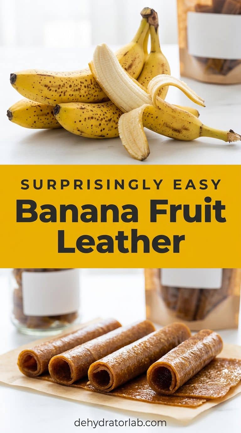 Caramel banana fruit leather strips beside speckled ripe bananas