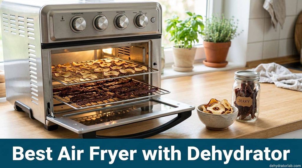 best air fryer with dehydrator function, a countertop air fryer oven with apple chips and beef jerky on its racks
