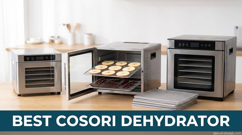 Cosori dehydrator models compared, stainless trays with apple slices and beef jerky