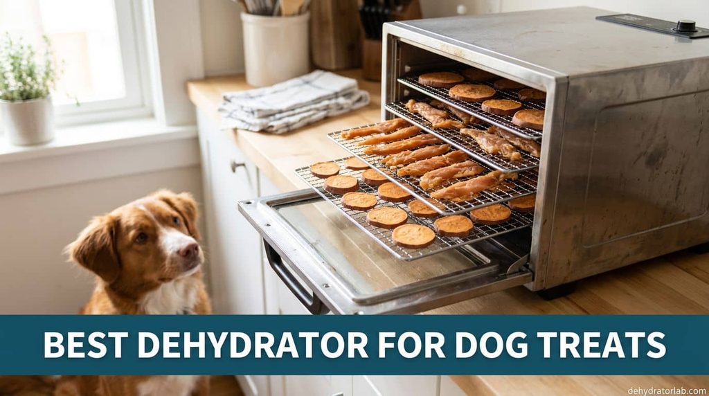 Best dehydrator for dog treats with trays of chicken jerky and sweet potato chews, a dog waiting nearby