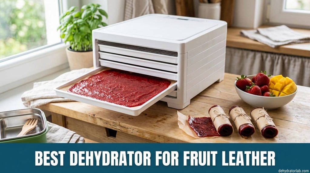 Best dehydrator for fruit leather with a tray of strawberry purée drying and finished rolled fruit leather