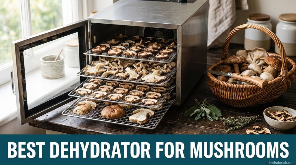 Best dehydrator for mushrooms with trays of sliced shiitake, oyster and button mushrooms drying