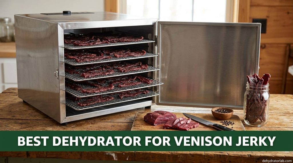 best dehydrator for venison jerky, a large stainless dehydrator with trays of deer jerky strips