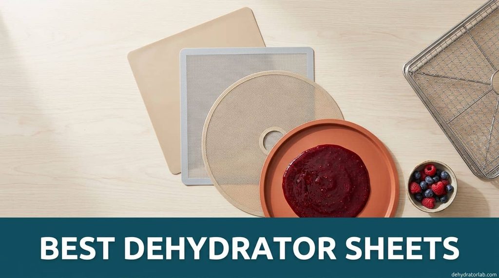 Silicone dehydrator sheets and mesh tray liners laid out on a counter with fruit leather and berries
