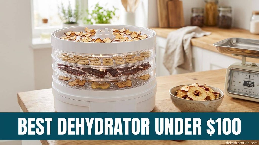 best dehydrator under $100, a budget round food dehydrator with apple chips and jerky on the trays