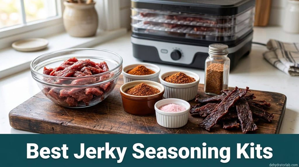 best jerky seasoning kits, small bowls of jerky seasoning and cure next to raw beef strips and finished jerky