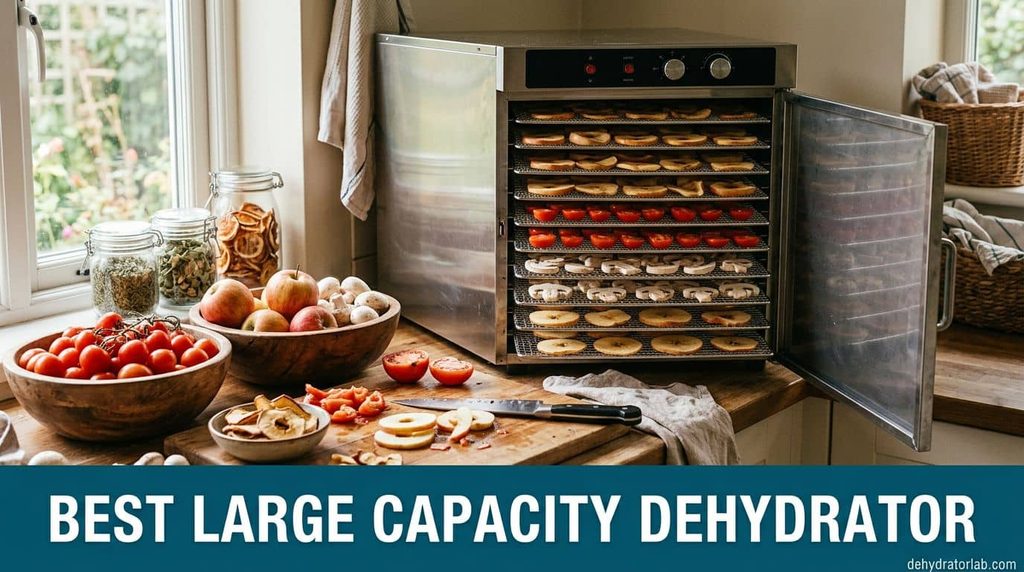 Best large capacity food dehydrator with ten full trays of apple and tomato slices