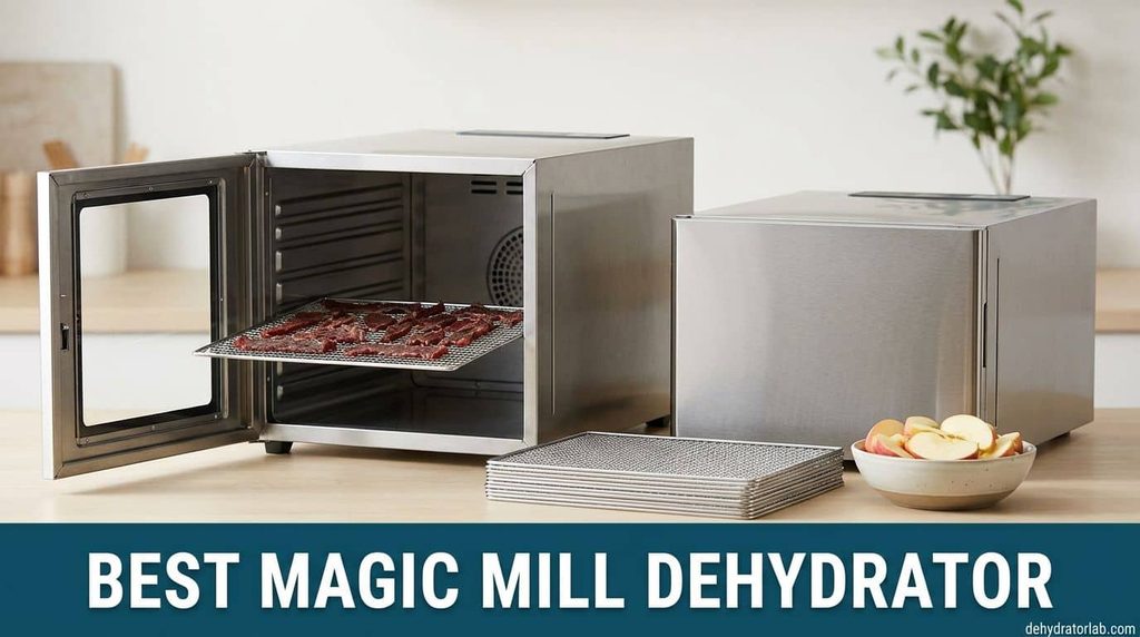 Magic Mill dehydrator models compared, with stainless trays of jerky and apple slices