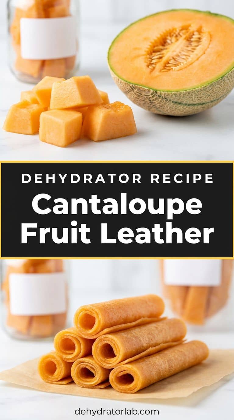 Orange cantaloupe fruit leather strips beside fresh melon cubes