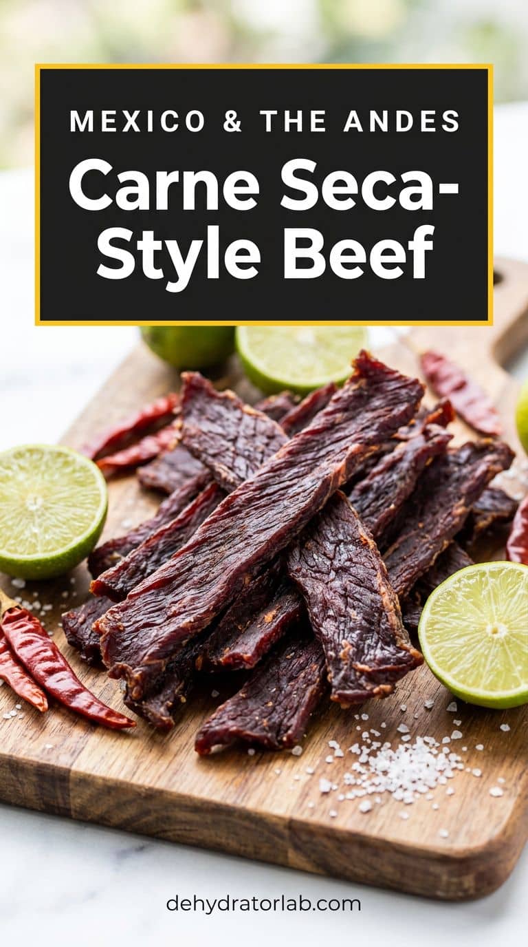 Dark strips of dried beef with lime wedges and dried red chiles on a rustic board