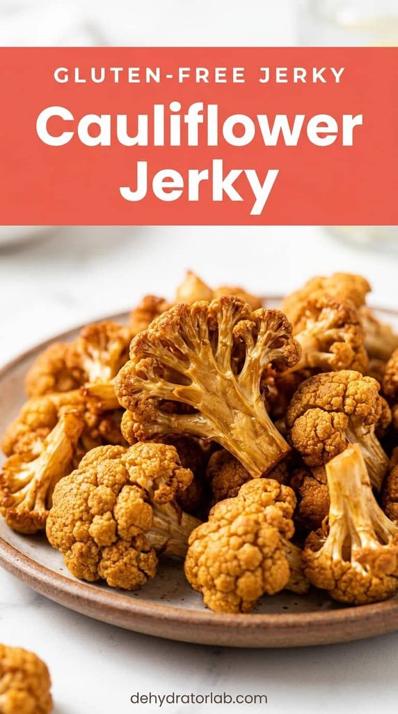 Chewy marinated dehydrated cauliflower jerky pieces on a plate