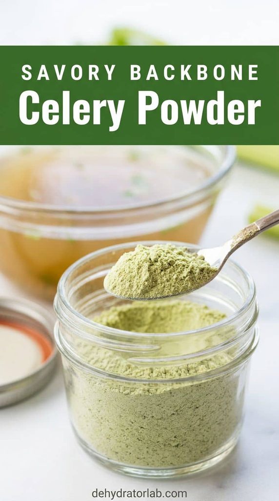 A small jar of dehydrated celery powder next to a bowl of clear broth