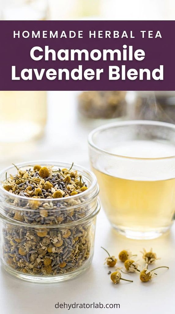 Dried chamomile flowers and lavender buds in a small jar next to a cup of tea