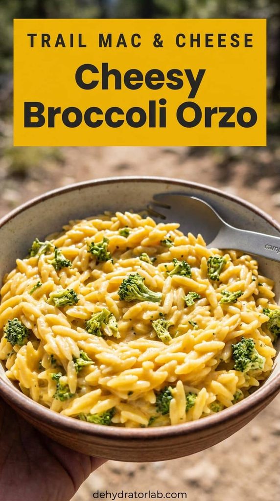 A camping bowl of cheesy orzo with broccoli bits on a trail