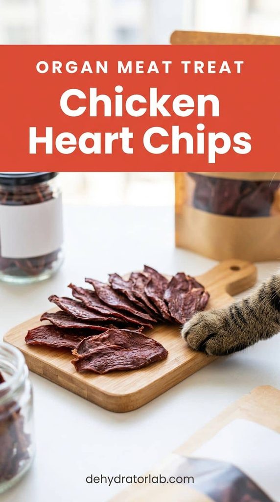 Thin dehydrated chicken heart chips on a wooden board for cats